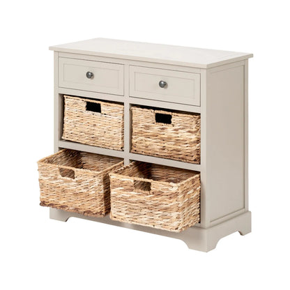 Beige Putty Pine Wood Storage Unit with 2 Drawers & 4 Woven Banana Leaf Baskets with Black Metal Handles 70x76x33cm – Angled Front & Side View Facing Left with Two Bottom Baskets Open | Click Style