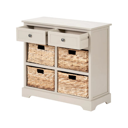Beige Putty Pine Wood Storage Unit with 2 Drawers & 4 Woven Banana Leaf Baskets with Black Metal Handles 70x76x33cm – Angled Front & Side View Facing Left with Both Drawers Open | Click Style