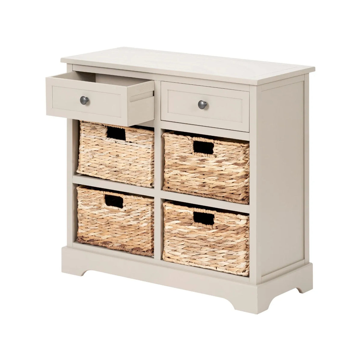 Beige Putty Pine Wood Storage Unit with 2 Drawers & 4 Woven Banana Leaf Baskets with Black Metal Handles 70x76x33cm – Angled Front & Side View Facing Left with First Drawer Open | Click Style