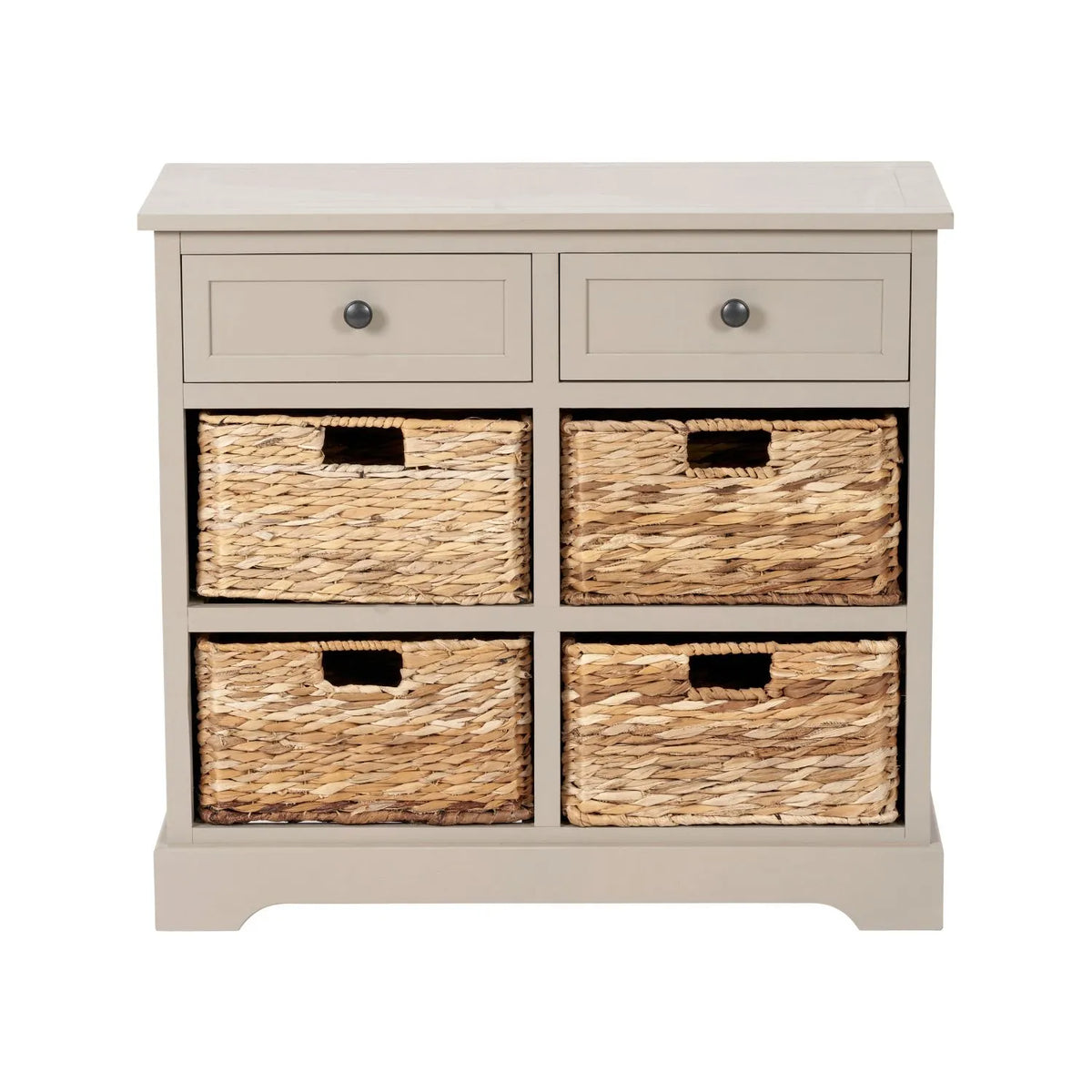 Beige Putty Pine Wood Storage Unit with 2 Drawers & 4 Woven Banana Leaf Baskets with Black Metal Handles 70x76x33cm – Front View | Click Style