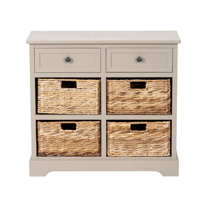 Beige Putty Pine Wood Storage Unit with 2 Drawers & 4 Woven Banana Leaf Baskets with Black Metal Handles 70x76x33cm – Front View | Click Style