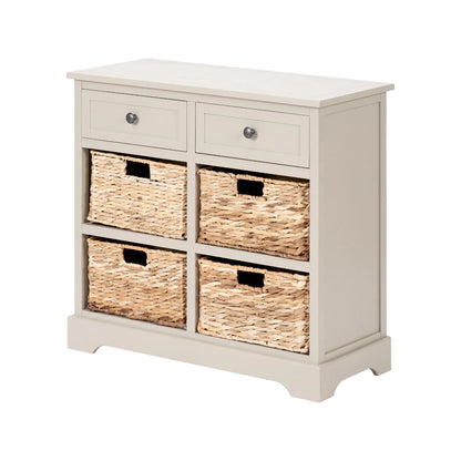 Beige Putty Pine Wood Storage Unit with 2 Drawers & 4 Woven Banana Leaf Baskets with Black Metal Handles 70x76x33cm – Angled Front & Side View Facing Left | Click Style