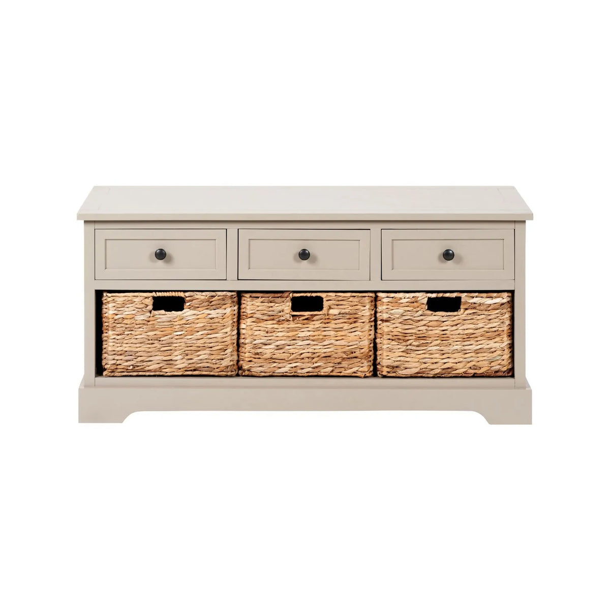 Beige Putty Pine Wood Storage Unit with 3 Drawers Black Handles & 3 Woven Banana Leaf Baskets 50x107x39cm – Front View | Click Style