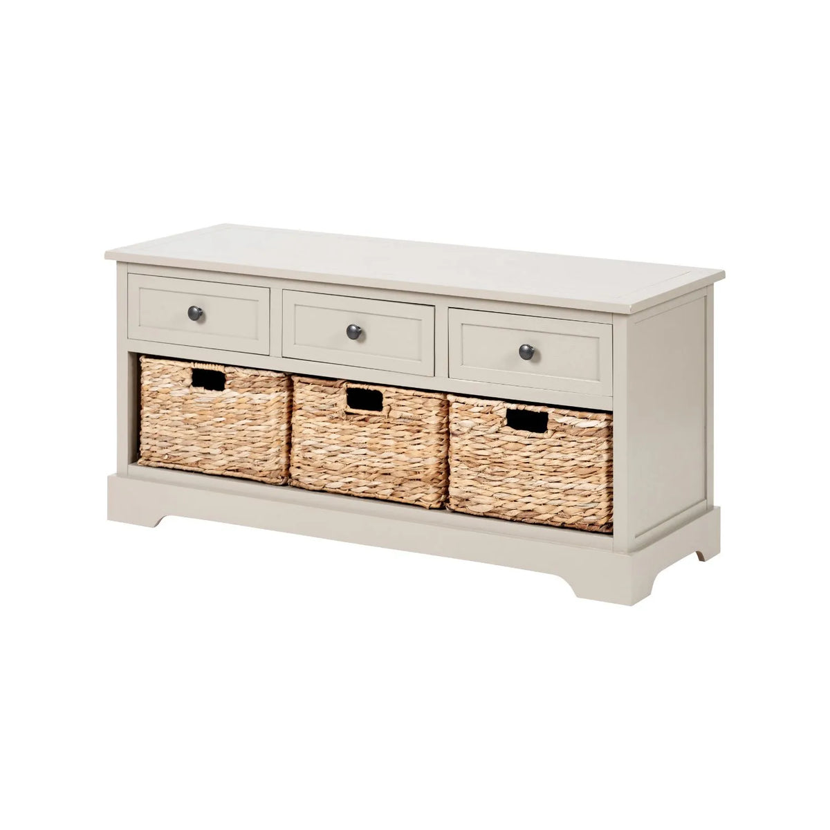 Beige Putty Pine Wood Storage Unit with 3 Drawers Black Handles & 3 Woven Banana Leaf Baskets 50x107x39cm – Angled Front & Side View Facing Left | Click Style