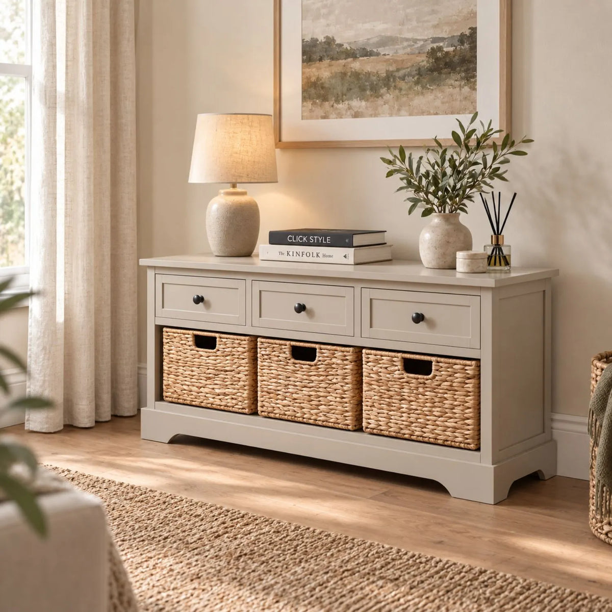 Beige Putty Pine Wood Storage Unit with 3 Drawers & 3 Woven Banana Leaf Baskets with Black Metal Knob Handles 50x107x39cm – Angled Left Lifestyle View | Click Style
