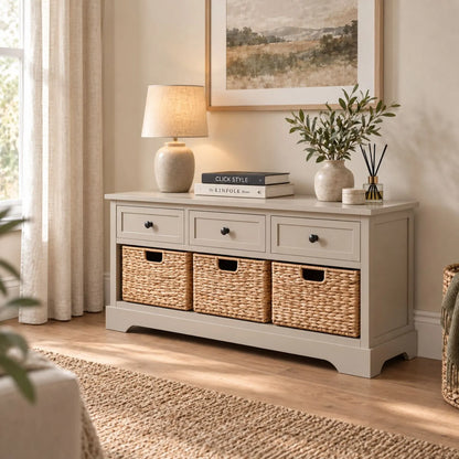 Beige Putty Pine Wood Storage Unit with 3 Drawers & 3 Woven Banana Leaf Baskets with Black Metal Knob Handles 50x107x39cm – Angled Left Lifestyle View | Click Style