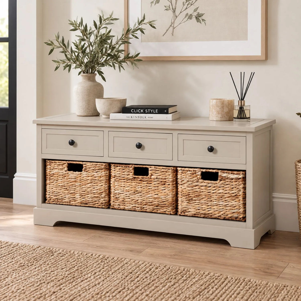 Beige Putty Pine Wood Storage Unit with 3 Drawers & 3 Woven Banana Leaf Baskets with Black Metal Knob Handles 50x107x39cm – Front Lifestyle View | Click Style
