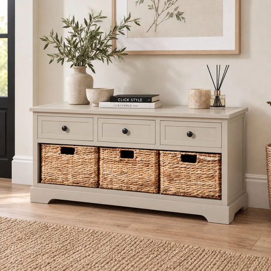 Beige Putty Pine Wood Storage Unit with 3 Drawers & 3 Woven Banana Leaf Baskets with Black Metal Knob Handles 50x107x39cm – Front Lifestyle View | Click Style