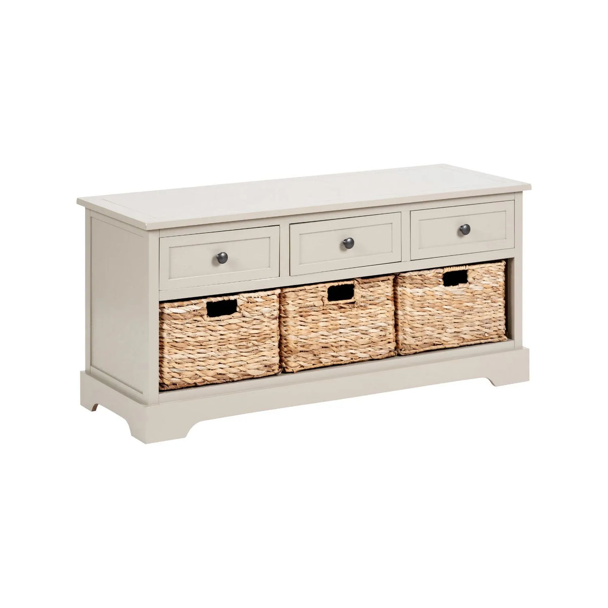 Beige Putty Pine Wood Storage Unit with 3 Drawers Black Handles & 3 Woven Banana Leaf Baskets 50x107x39cm – Angled Front & Side View Facing Right | Click Style