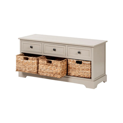 Beige Putty Pine Wood Storage Unit with 3 Drawers Black Handles & 3 Woven Banana Leaf Baskets 50x107x39cm – Angled View Facing Left with 2 Baskets Open | Click Style