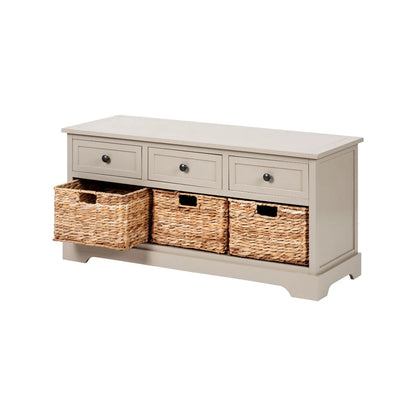 Beige Putty Pine Wood Storage Unit with 3 Drawers Black Handles & 3 Woven Banana Leaf Baskets 50x107x39cm – Angled View Facing Left with First Basket Open | Click Style