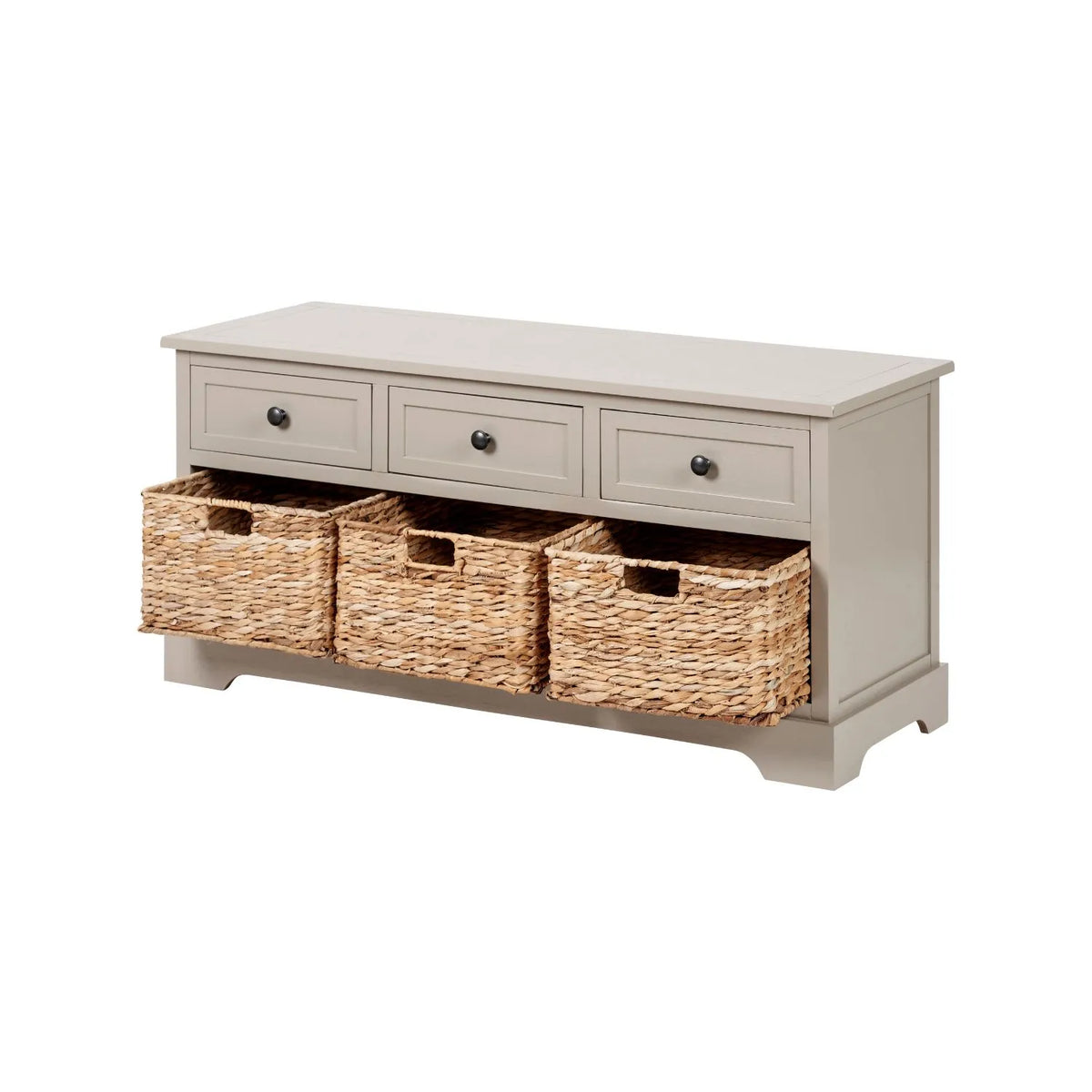 Beige Putty Pine Wood Storage Unit with 3 Drawers Black Handles & 3 Woven Banana Leaf Baskets 50x107x39cm – Angled View Facing Left with All 3 Baskets Open | Click Style