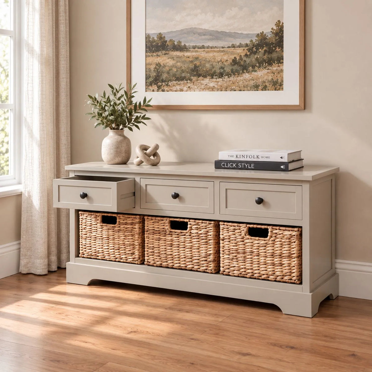 Beige Putty Pine Wood Storage Unit with 3 Drawers & 3 Woven Banana Leaf Baskets with Black Metal Knob Handles 50x107x39cm – Angled Lifestyle View with First Drawer Open | Click Style