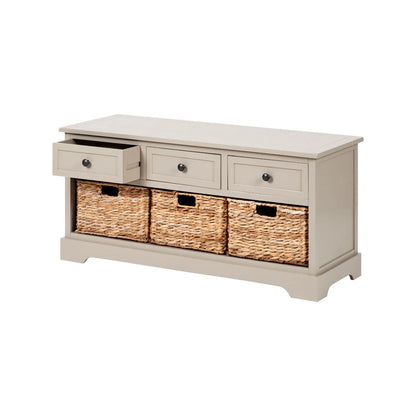 Beige Putty Pine Wood Storage Unit with 3 Drawers Black Handles & 3 Woven Banana Leaf Baskets 50x107x39cm – Angled View Facing Left with Left Drawer Open | Click Style