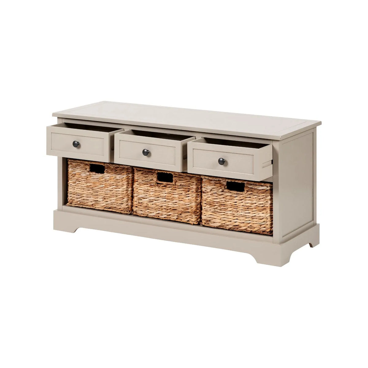 Beige Putty Pine Wood Storage Unit with 3 Drawers Black Handles & 3 Woven Banana Leaf Baskets 50x107x39cm – Angled View Facing Left with All 3 Drawers Open | Click Style