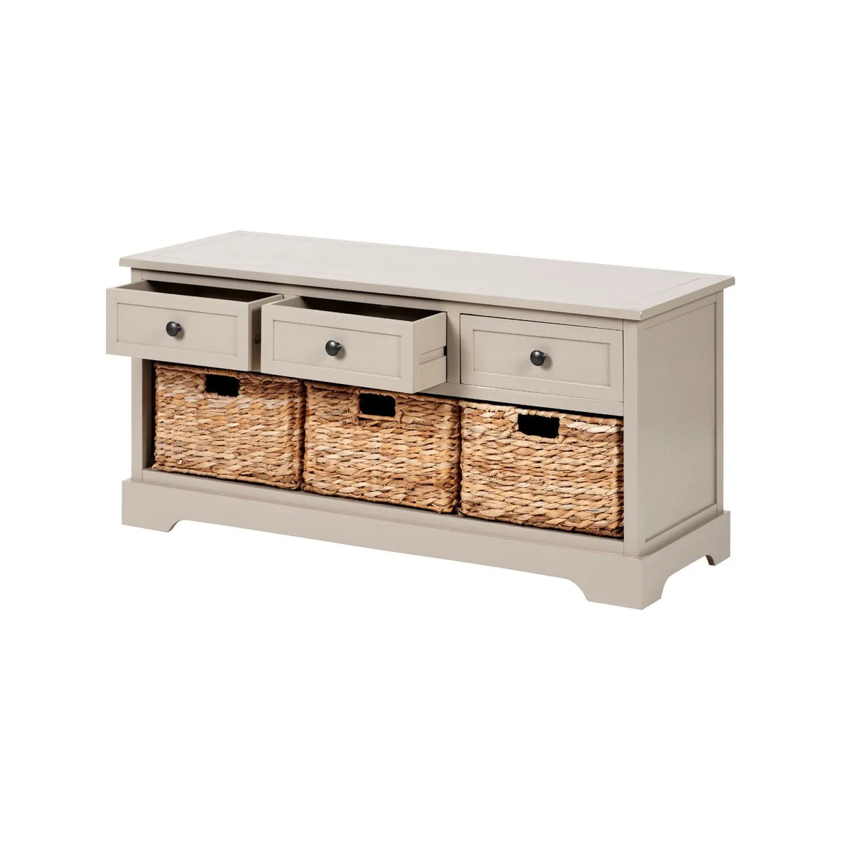 Beige Putty Pine Wood Storage Unit with 3 Drawers Black Handles & 3 Woven Banana Leaf Baskets 50x107x39cm – Angled View Facing Left with 2 Drawers Open | Click Style