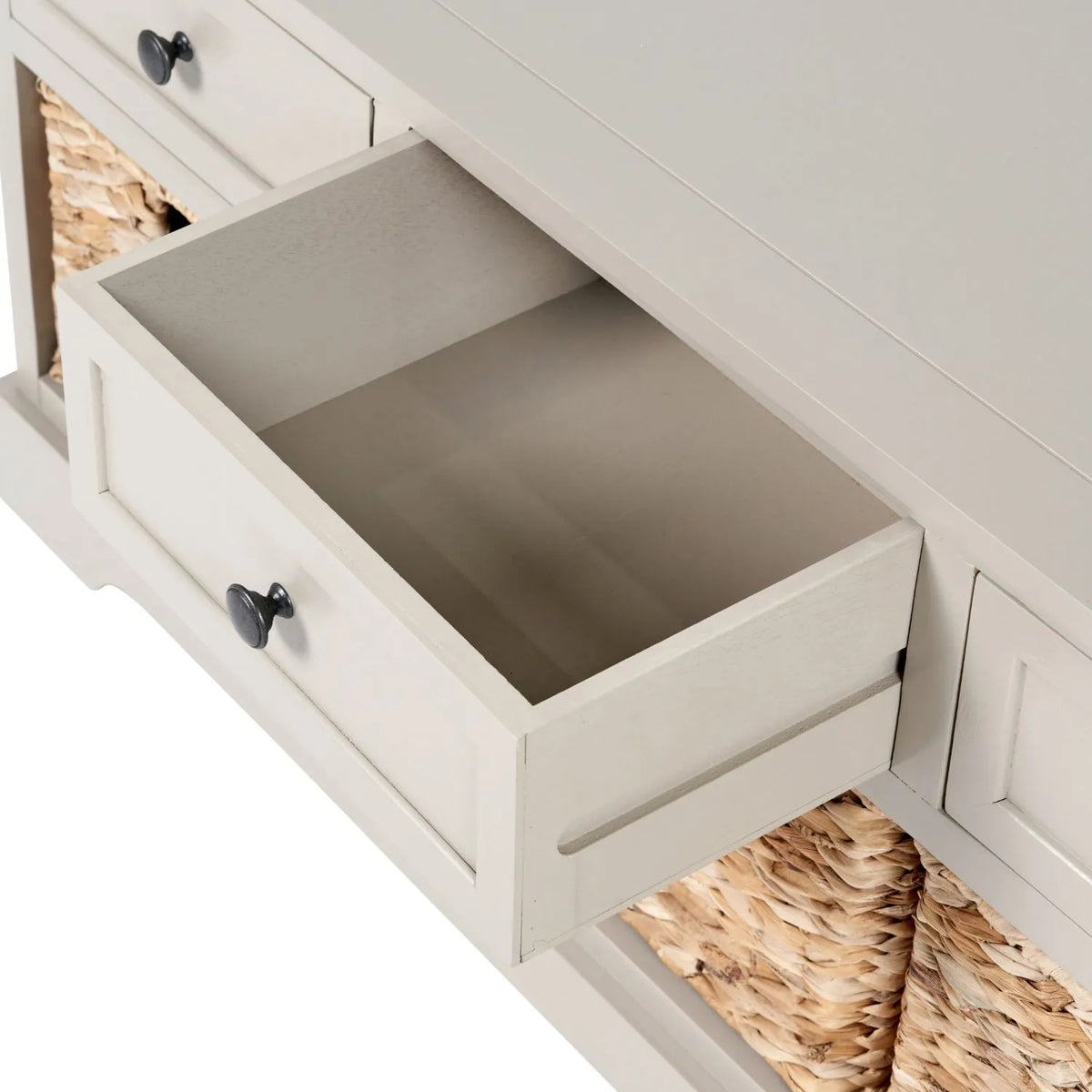 Beige Putty Pine Wood Storage Unit with 3 Drawers Black Handles & 3 Woven Banana Leaf Baskets 50x107x39cm – Close-Up Looking Down with Middle Drawer Open Showing Interior | Click Style