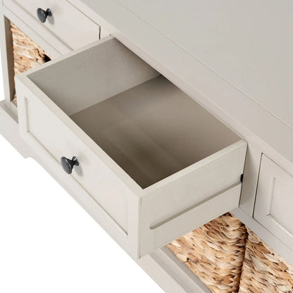 Beige Putty Pine Wood Storage Unit with 3 Drawers Black Handles & 3 Woven Banana Leaf Baskets 50x107x39cm – Close-Up Looking Down with Middle Drawer Open Showing Interior | Click Style