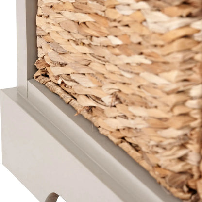 Beige Putty Pine Wood Storage Unit with 3 Drawers Black Handles & 3 Woven Banana Leaf Baskets 50x107x39cm – Close-Up of Left Basket & Bottom Left Plinth | Click Style