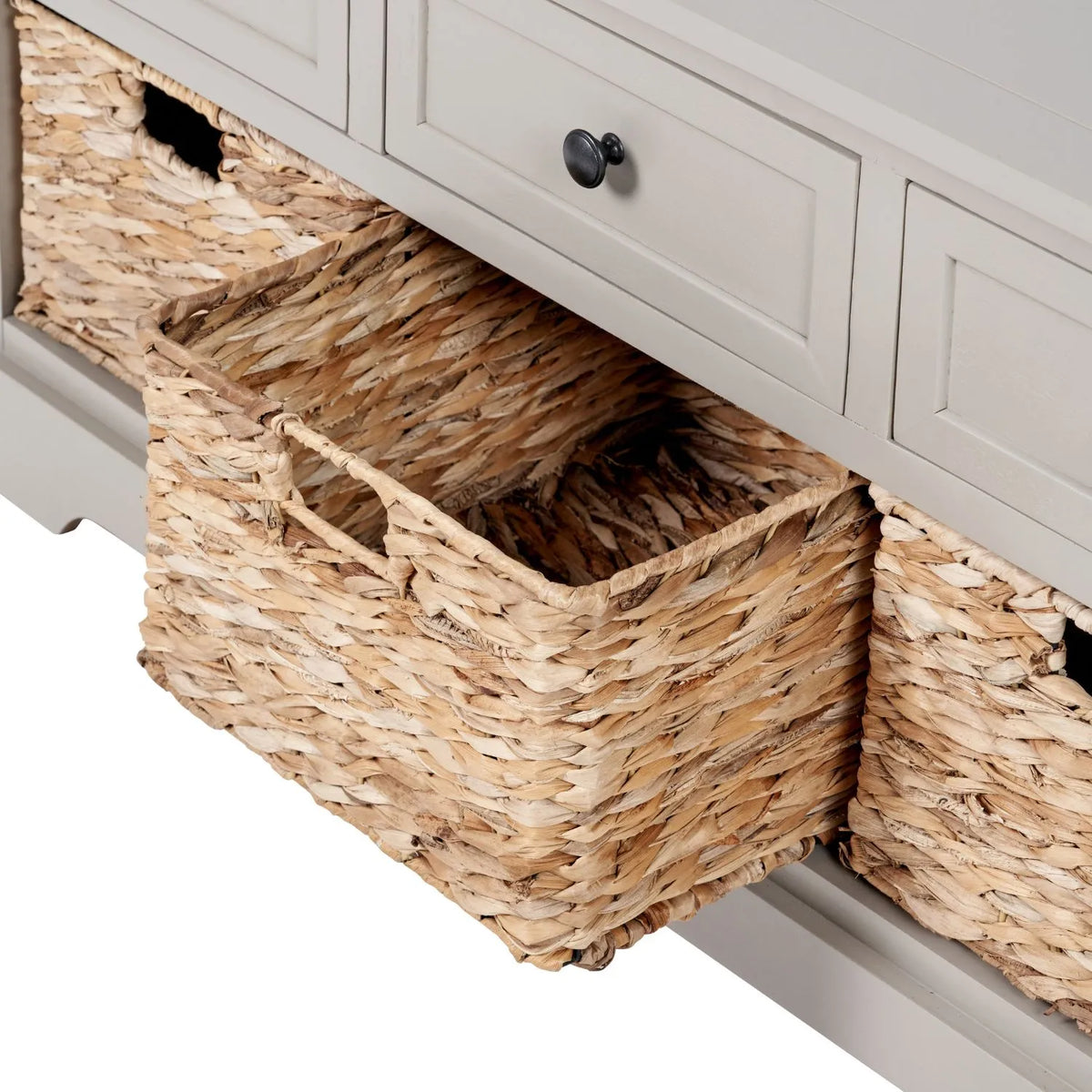 Beige Putty Pine Wood Storage Unit with 3 Drawers Black Handles & 3 Woven Banana Leaf Baskets 50x107x39cm – Close-Up of Drawers with Middle Basket Open Showing Interior | Click Style