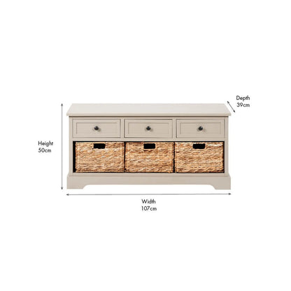 Beige Putty Pine Wood Storage Unit with 3 Drawers Black Handles & 3 Woven Banana Leaf Baskets 50x107x39cm – Front View with Dimensions | Click Style