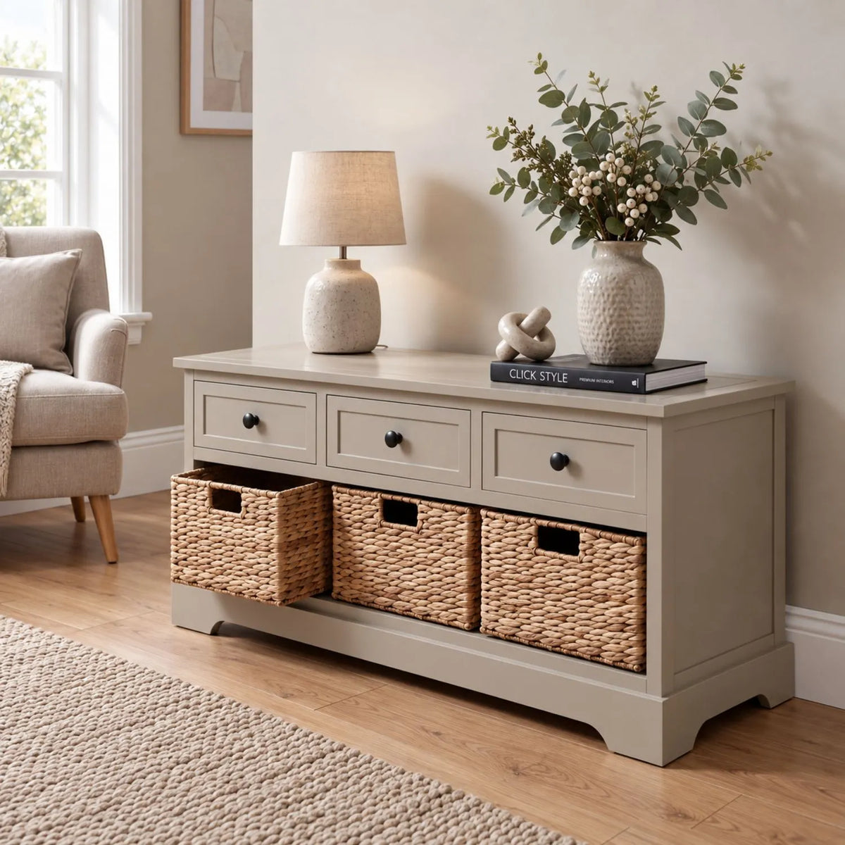 Beige Putty Pine Wood Storage Unit with 3 Drawers & 3 Woven Banana Leaf Baskets with Black Metal Knob Handles 50x107x39cm – Angled Left Lifestyle View with First Basket Open | Click Style