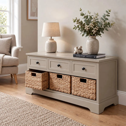 Beige Putty Pine Wood Storage Unit with 3 Drawers & 3 Woven Banana Leaf Baskets with Black Metal Knob Handles 50x107x39cm – Angled Left Lifestyle View with First Basket Open | Click Style