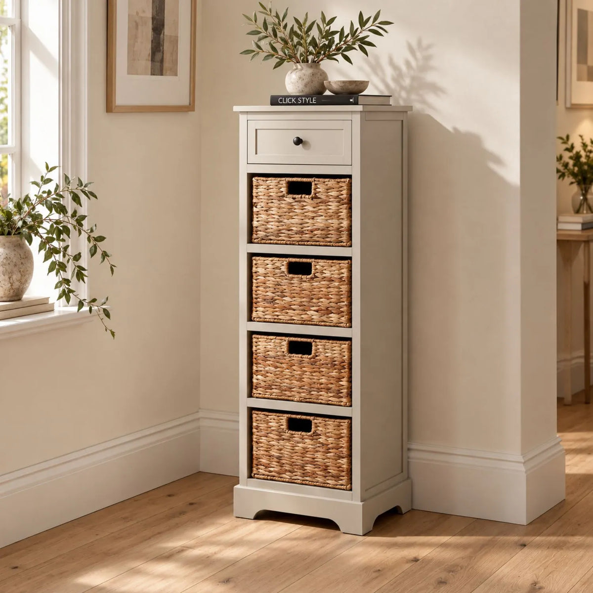 Beige Putty Pine Wood Tallboy Storage Unit with 1 Drawer & 4 Woven Banana Leaf Baskets 113x41x33cm with Black Metal Round Knob Handle – Angled Lifestyle View Showing Side & Depth | Click Style