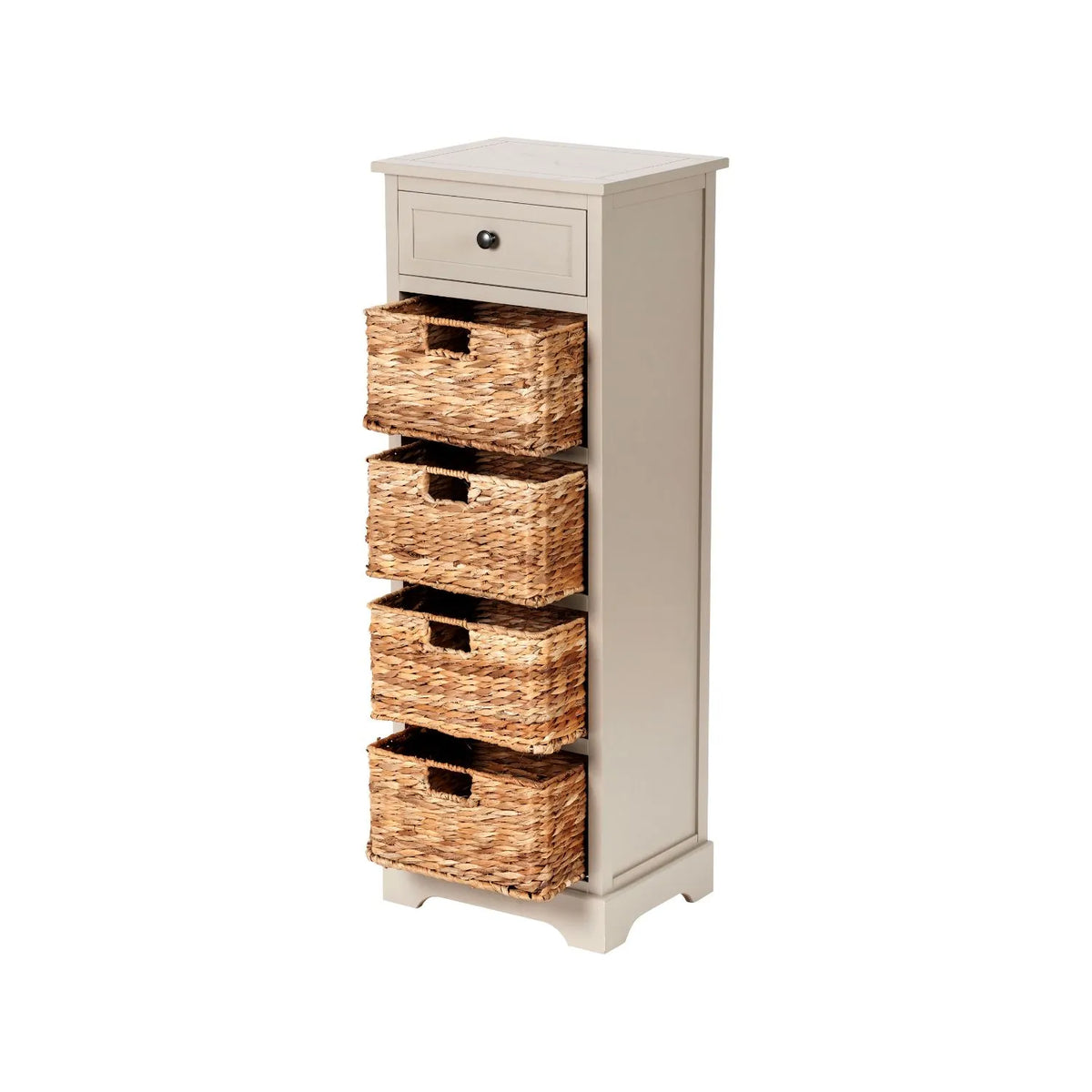 Beige Putty Pine Wood Tallboy Storage Unit with 1 Drawer & 4 Woven Banana Leaf Baskets 113x41x33cm with Black Metal Round Knob Handle – Angled Left View Showing Front Side & Top with All 4 Baskets Open | Click Style