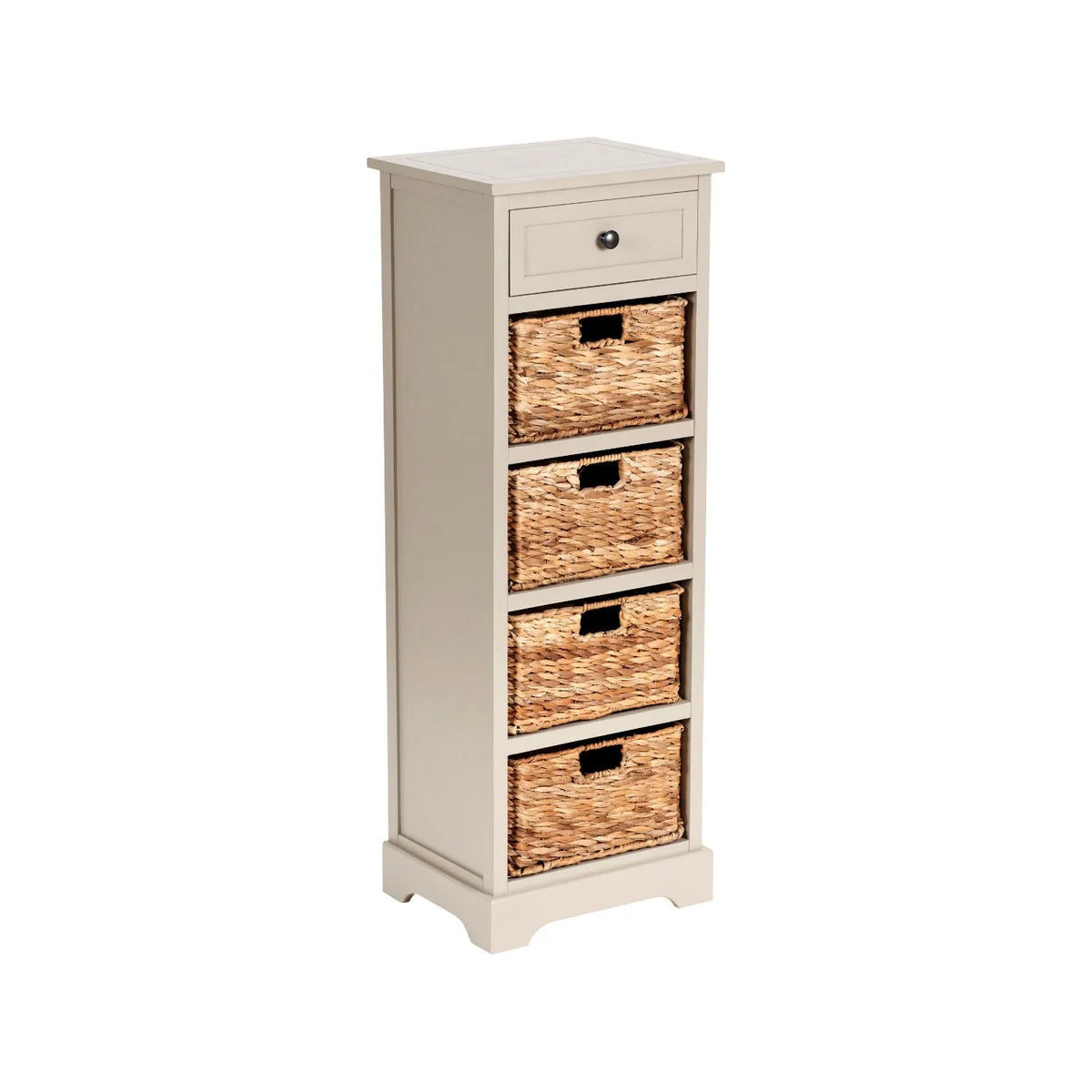 Beige Putty Pine Wood Tallboy Storage Unit with 1 Drawer & 4 Woven Banana Leaf Baskets 113x41x33cm with Black Metal Round Knob Handle – Angled Right View Showing Front Side & Top | Click Style