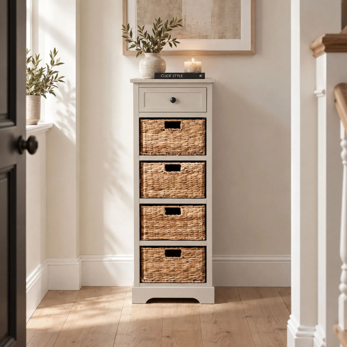 Beige Putty Pine Wood Tallboy Storage Unit with 1 Drawer & 4 Woven Banana Leaf Baskets 113x41x33cm with Black Metal Round Knob Handle – Front View in Warm Neutral Hallway | Click Style