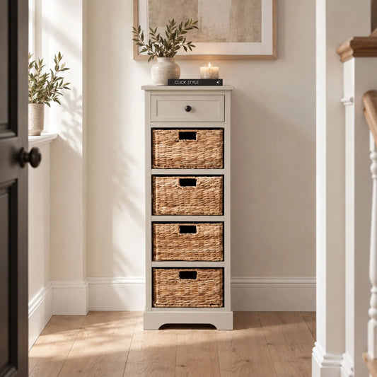 Beige Putty Pine Wood Tallboy Storage Unit with 1 Drawer & 4 Woven Banana Leaf Baskets 113x41x33cm with Black Metal Round Knob Handle – Front View in Warm Neutral Hallway | Click Style