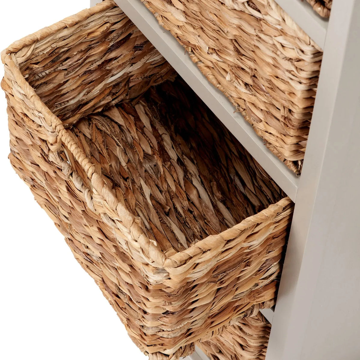 Beige Putty Pine Wood Tallboy Storage Unit with 1 Drawer & 4 Woven Banana Leaf Baskets 113x41x33cm with Black Metal Round Knob Handle – Close-Up of Third Basket Open Showing Interior | Click Style