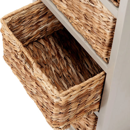 Beige Putty Pine Wood Tallboy Storage Unit with 1 Drawer & 4 Woven Banana Leaf Baskets 113x41x33cm with Black Metal Round Knob Handle – Close-Up of Third Basket Open Showing Interior | Click Style