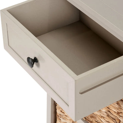 Beige Putty Pine Wood Tallboy Storage Unit with 1 Drawer & 4 Woven Banana Leaf Baskets 113x41x33cm with Black Metal Round Knob Handle – Close-Up of Open Drawer Showing Interior & Black Metal Round Knob Handle | Click Style