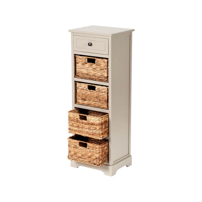 Beige Putty Pine Wood Tallboy Storage Unit with 1 Drawer & 4 Woven Banana Leaf Baskets 113x41x33cm with Black Metal Round Knob Handle – Angled Left View Showing Front Side & Top with Two Bottom Baskets Open | Click Style