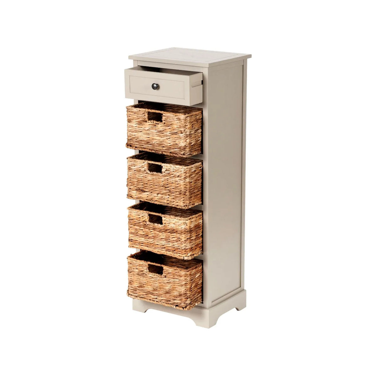 Beige Putty Pine Wood Tallboy Storage Unit with 1 Drawer & 4 Woven Banana Leaf Baskets 113x41x33cm with Black Metal Round Knob Handle – Angled Left View with Drawer & All 4 Baskets Open | Click Style