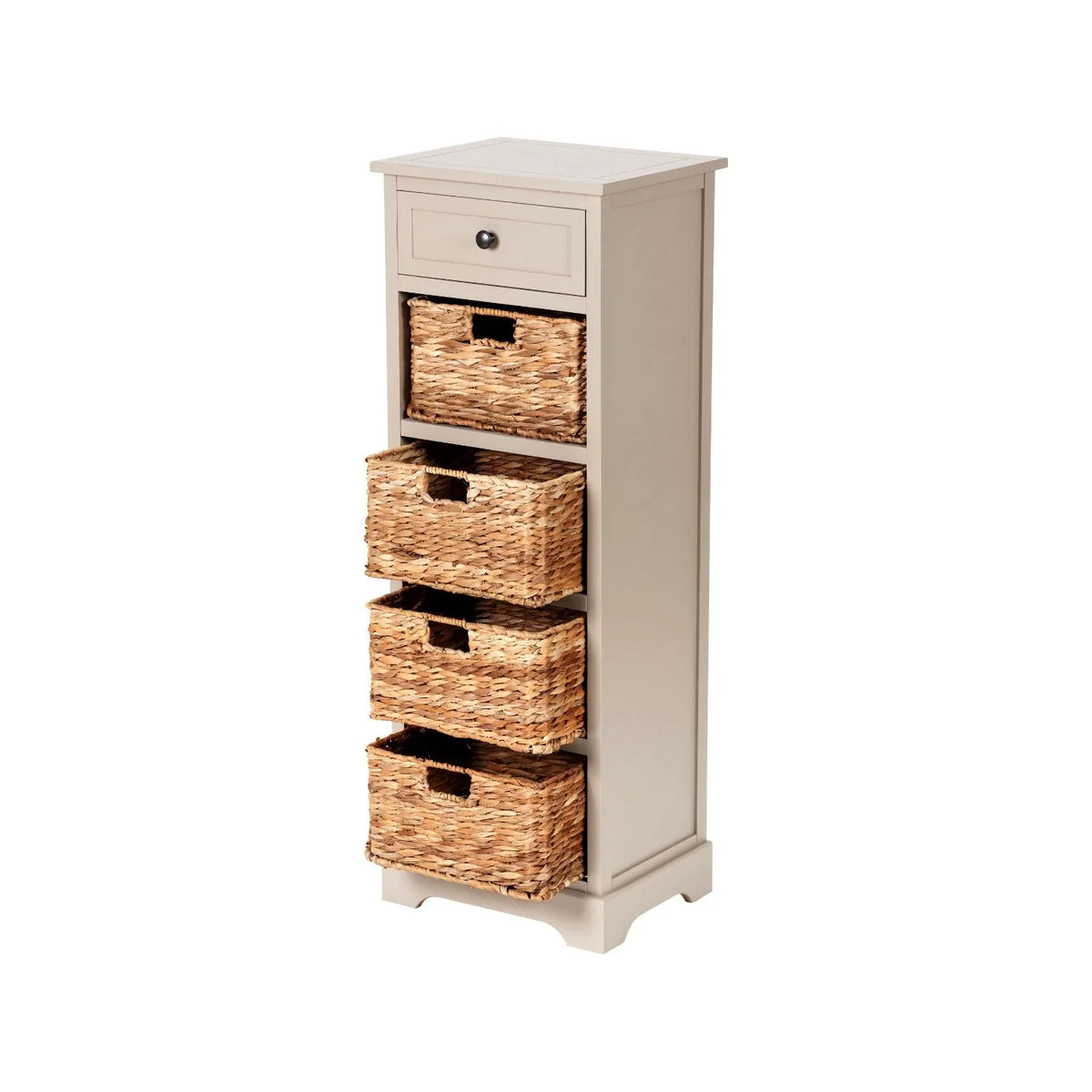 Beige Putty Pine Wood Tallboy Storage Unit with 1 Drawer & 4 Woven Banana Leaf Baskets 113x41x33cm with Black Metal Round Knob Handle – Angled Left View Showing Front Side & Top with Three Bottom Baskets Open | Click Style