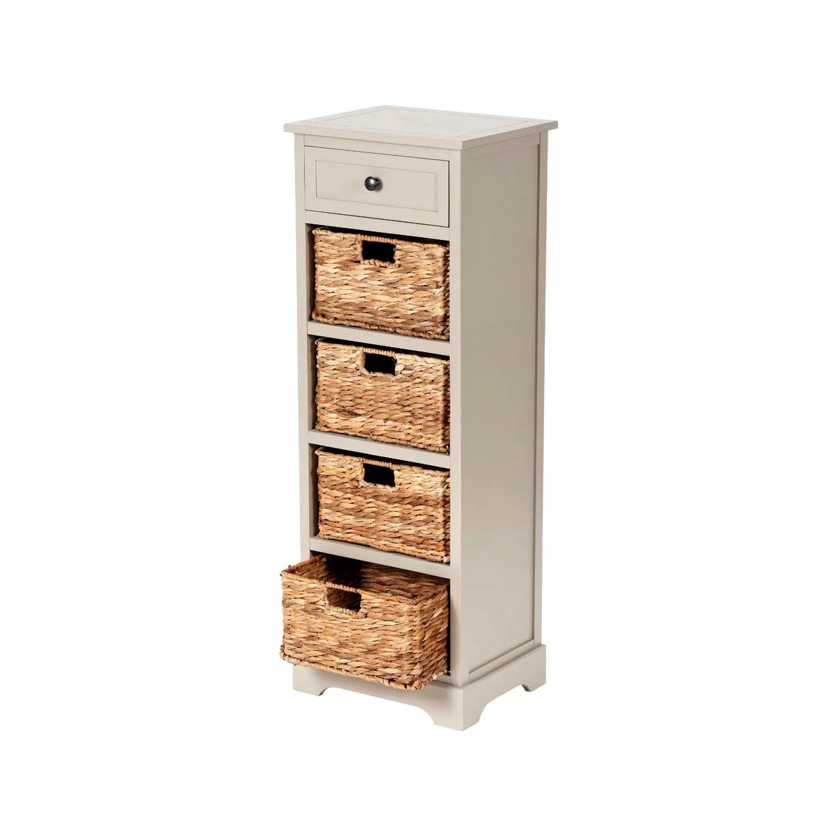 Beige Putty Pine Wood Tallboy Storage Unit with 1 Drawer & 4 Woven Banana Leaf Baskets 113x41x33cm with Black Metal Round Knob Handle – Angled Left View Showing Front Side & Top with Bottom Basket Open | Click Style