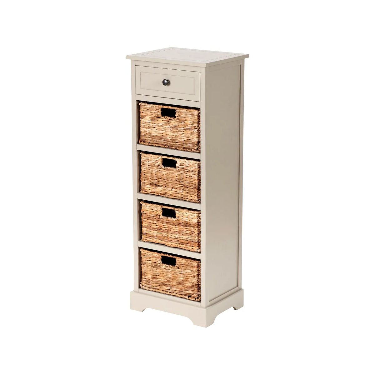 Beige Putty Pine Wood Tallboy Storage Unit with 1 Drawer & 4 Woven Banana Leaf Baskets 113x41x33cm with Black Metal Round Knob Handle – Angled Left View Showing Front Side & Top | Click Style