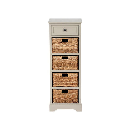 Beige Putty Pine Wood Tallboy Storage Unit with 1 Drawer & 4 Woven Banana Leaf Baskets 113x41x33cm with Black Metal Round Knob Handle – Front View | Click Style