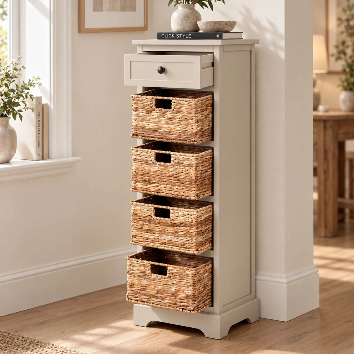 Beige Putty Pine Wood Tallboy Storage Unit with 1 Drawer & 4 Woven Banana Leaf Baskets 113x41x33cm with Black Metal Round Knob Handle – Angled Lifestyle View with Drawer & All 4 Baskets Open | Click Style