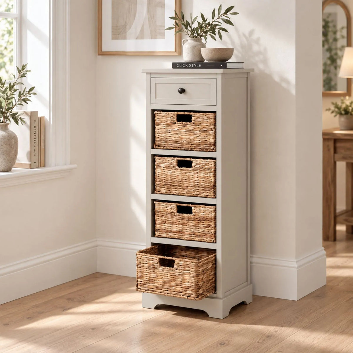 Beige Putty Pine Wood Tallboy Storage Unit with 1 Drawer & 4 Woven Banana Leaf Baskets 113x41x33cm with Black Metal Round Knob Handle – Angled Lifestyle View with Bottom Basket Open | Click Style