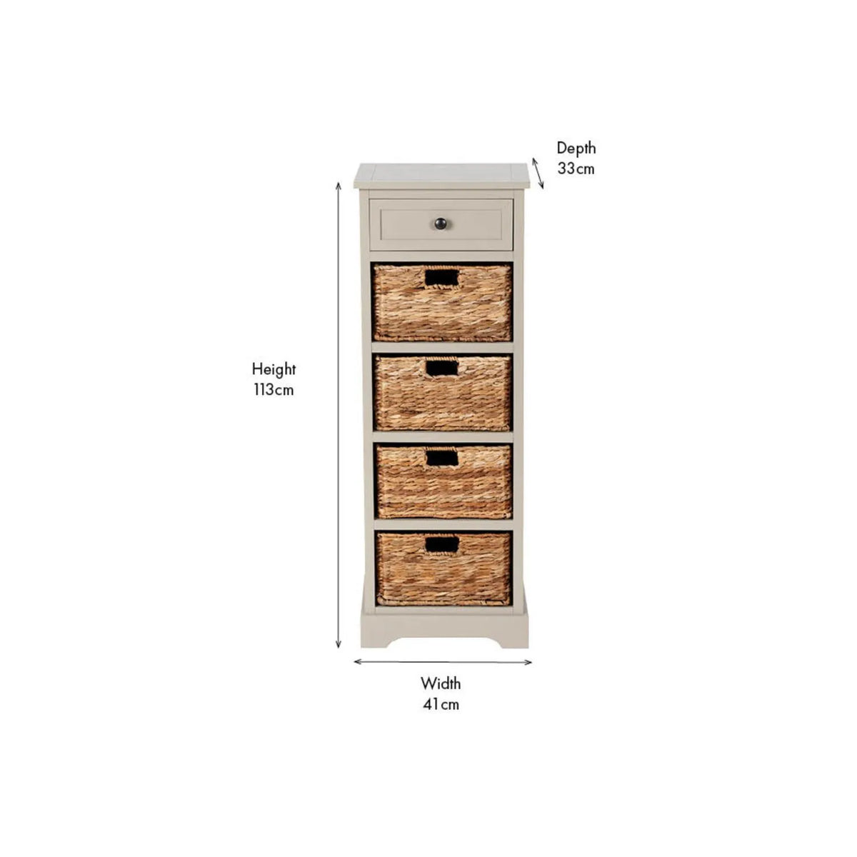 Beige Putty Pine Wood Tallboy Storage Unit with 1 Drawer & 4 Woven Banana Leaf Baskets 113x41x33cm with Black Metal Round Knob Handle – Front View Showing H113 x W41 x D33cm Dimensions | Click Style