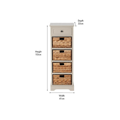 Beige Putty Pine Wood Tallboy Storage Unit with 1 Drawer & 4 Woven Banana Leaf Baskets 113x41x33cm with Black Metal Round Knob Handle – Front View Showing H113 x W41 x D33cm Dimensions | Click Style
