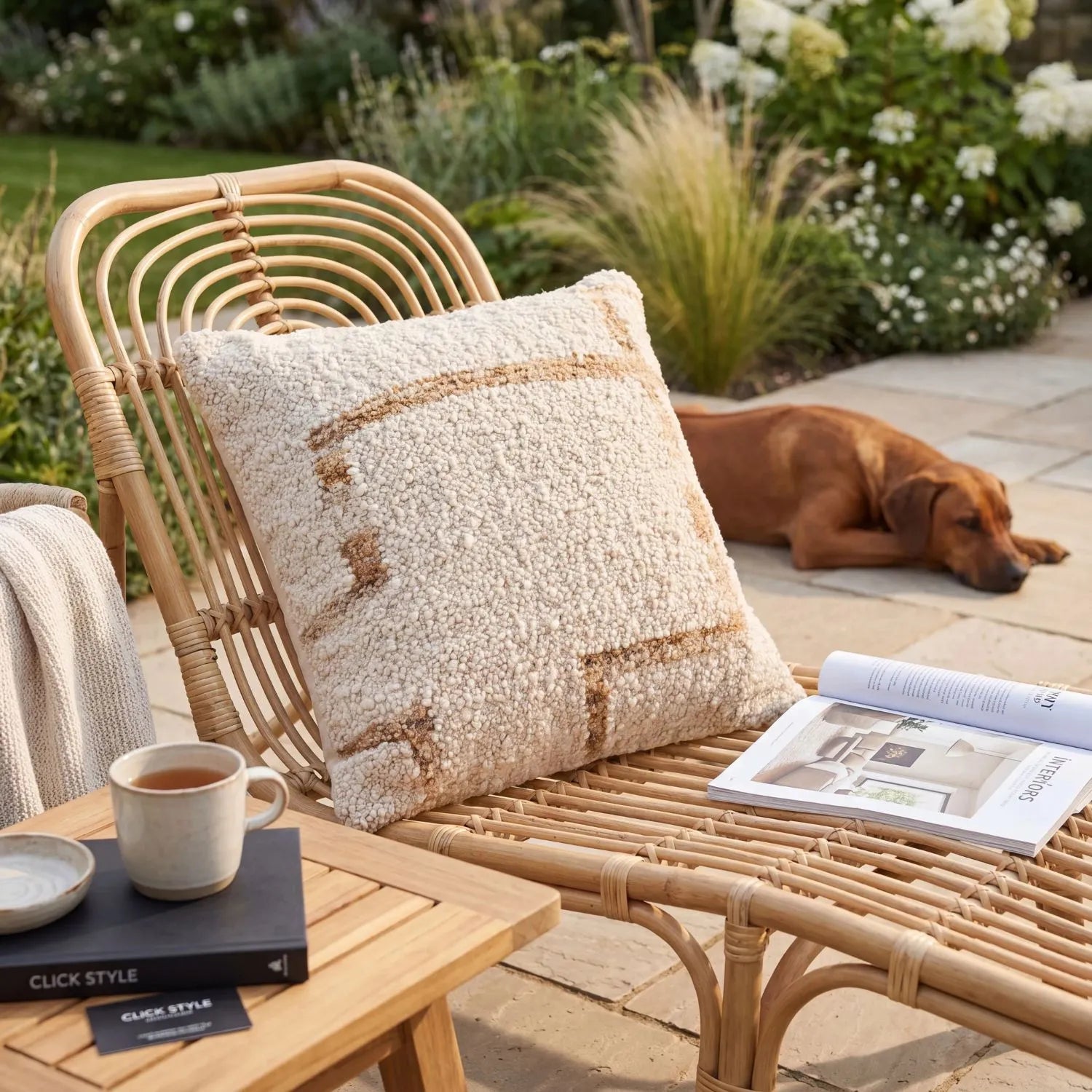 Beige & Tan Square Indoor Outdoor Cushion with Bouclé-Effect Texture – Recycled Weather-Resistant 45x45x10cm – Textured bouclé-style scatter cushion with soft teddy-effect woven finish in neutral beige and tan tones for patios, garden furniture, conservatories and home interiors | Click Style