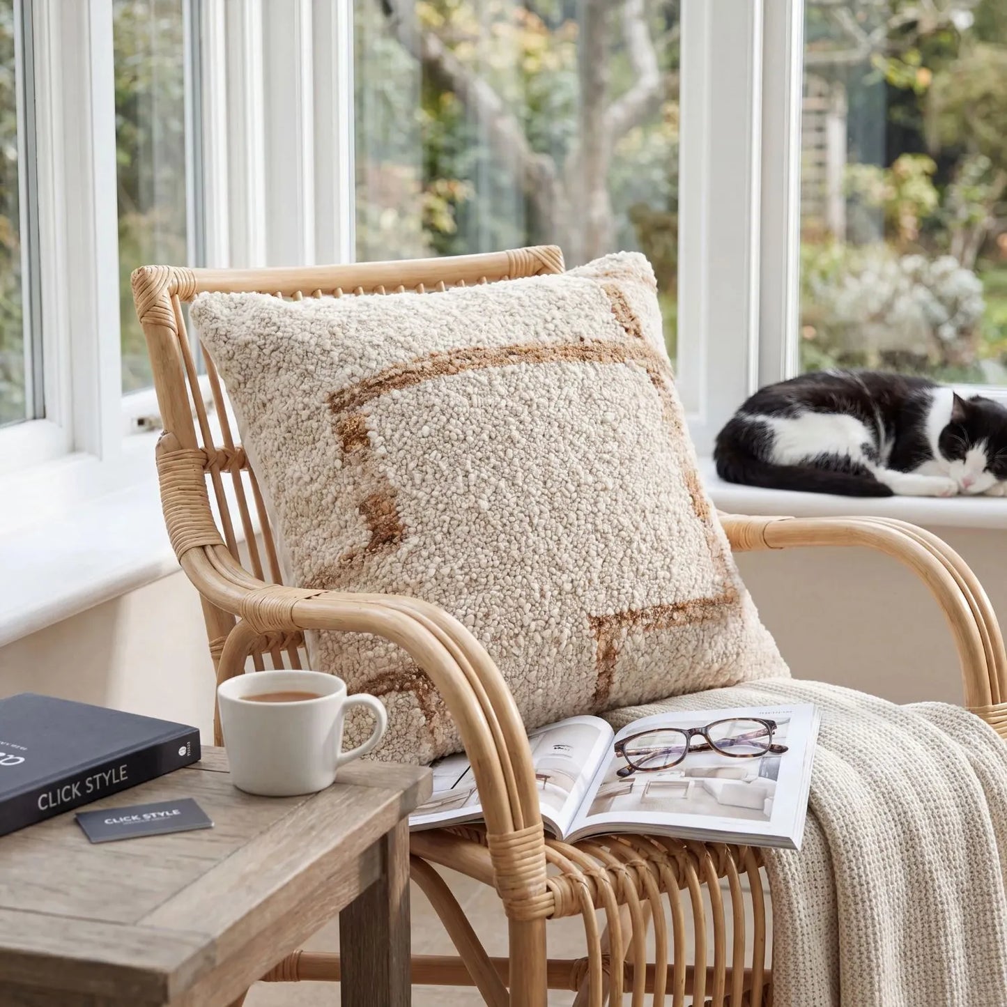 Beige & Tan Square Indoor Outdoor Cushion with Bouclé-Effect Texture – Recycled Weather-Resistant 45x45x10cm – Textured bouclé-style scatter cushion with soft teddy-effect woven finish in neutral beige and tan tones for patios, garden furniture, conservatories and home interiors | Click Style