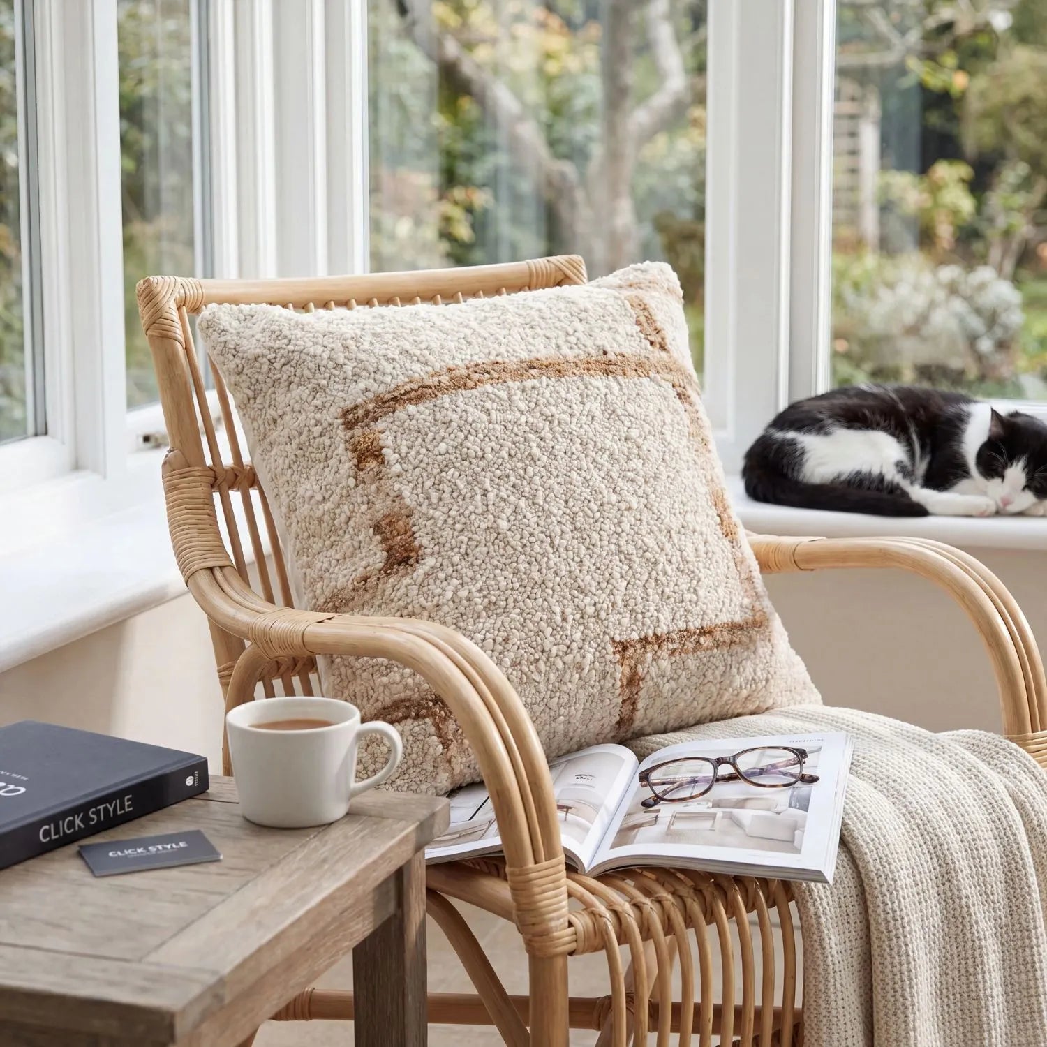 Beige & Tan Square Indoor Outdoor Cushion with Bouclé-Effect Texture – Recycled Weather-Resistant 45x45x10cm – Textured bouclé-style scatter cushion with soft teddy-effect woven finish in neutral beige and tan tones for patios, garden furniture, conservatories and home interiors | Click Style
