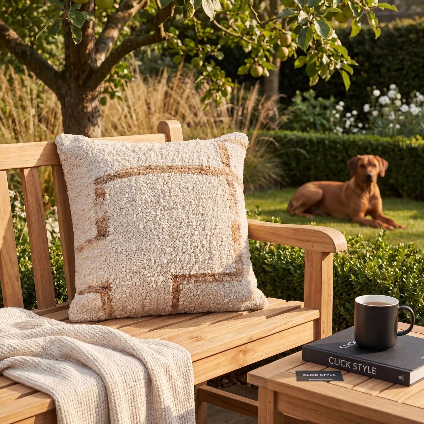 Beige & Tan Square Indoor Outdoor Cushion with Bouclé-Effect Texture – Recycled Weather-Resistant 45x45x10cm – Textured bouclé-style scatter cushion with soft teddy-effect woven finish in neutral beige and tan tones for patios, garden furniture, conservatories and home interiors | Click Style