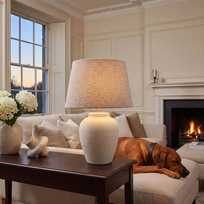 Beige Taupe Bouclé Tapered Lampshade with Teddy Textured Fabric on Ceramic Table Lamp 40cm 16in | Click Style